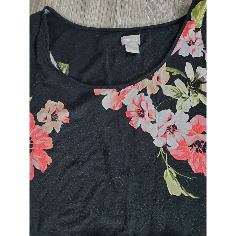 Chicos Women Black Floral Open Front Short Sleeve Casual Comfort W/ Matching Top - Picture 2 of 4